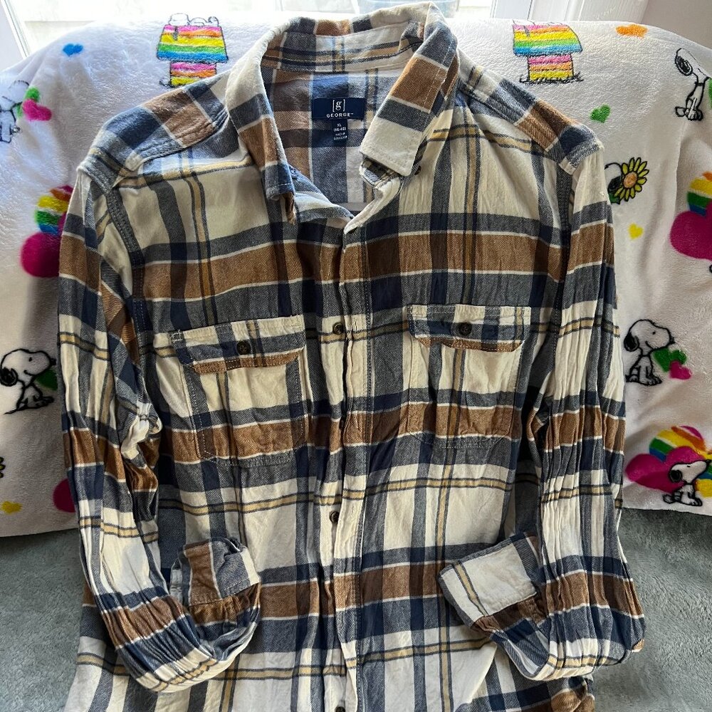 Georges Long Sleeve Flannel Casual Plaid Shirt XL Brown/Cream/Blue